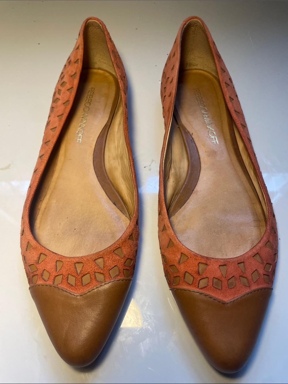 Rebecca Minkoff Coral Suede and Brown Leather Pointed Flats